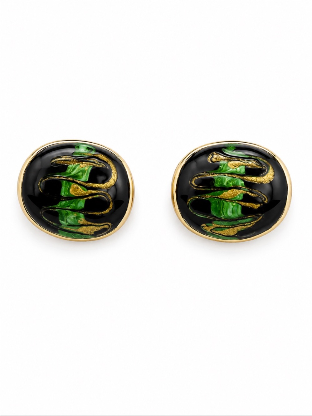 Black Green & Gold Abstract Enamel Pierced Statement Earrings